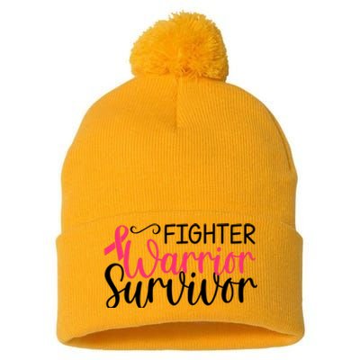 Fighter Warrior Survivor Breast Cancer Pom Pom 12in Knit Beanie