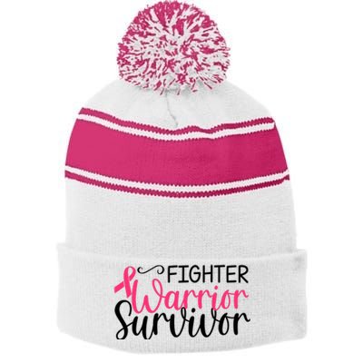 Fighter Warrior Survivor Breast Cancer Stripe Pom Pom Beanie