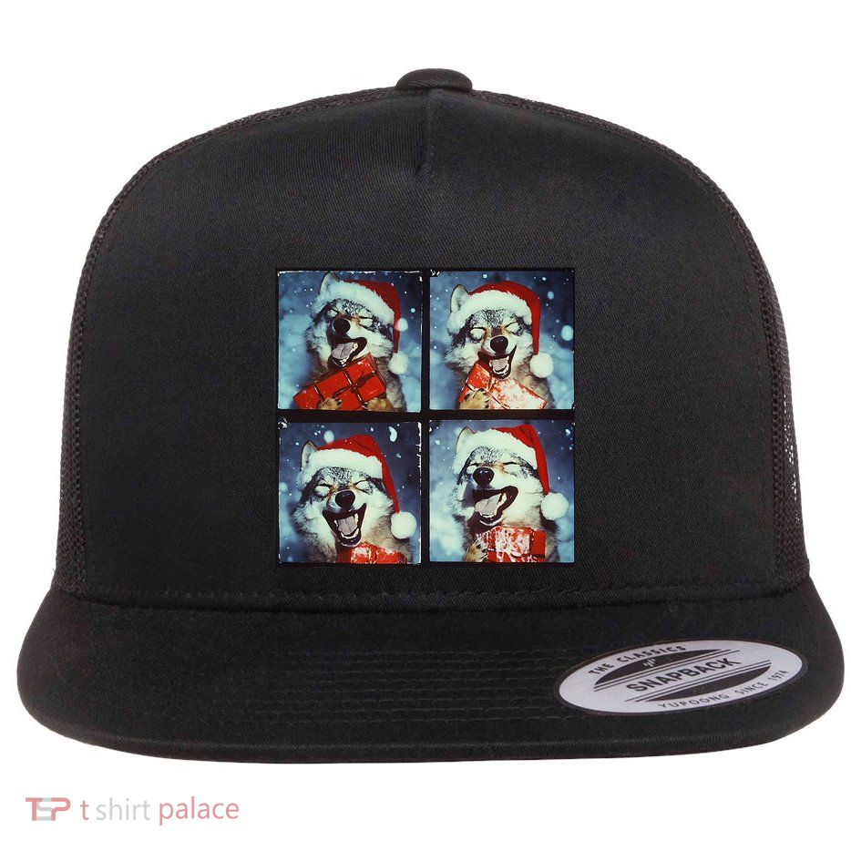 Festive Wolf Selfie Christmas Flat Bill Trucker Hat