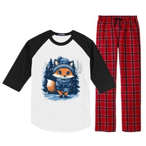 Fox Wearing Santa Hat Christmas Tree Festive Scene Cute Gift Raglan Sleeve Pajama Set