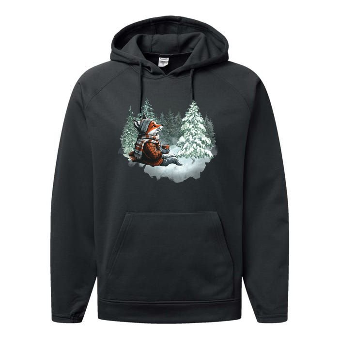 Fox Wearing Santa Hat Christmas Tree Festive Scene Performance Fleece Hoodie