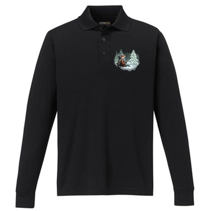 Fox Wearing Santa Hat Christmas Tree Festive Scene Performance Long Sleeve Polo