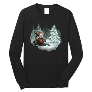 Fox Wearing Santa Hat Christmas Tree Festive Scene Long Sleeve Shirt