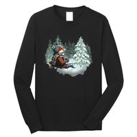 Fox Wearing Santa Hat Christmas Tree Festive Scene Long Sleeve Shirt