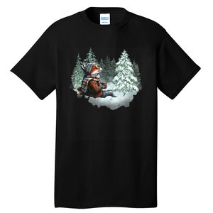 Fox Wearing Santa Hat Christmas Tree Festive Scene Tall T-Shirt