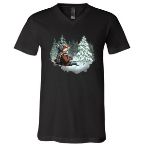 Fox Wearing Santa Hat Christmas Tree Festive Scene V-Neck T-Shirt