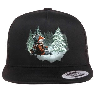 Fox Wearing Santa Hat Christmas Tree Festive Scene Flat Bill Trucker Hat