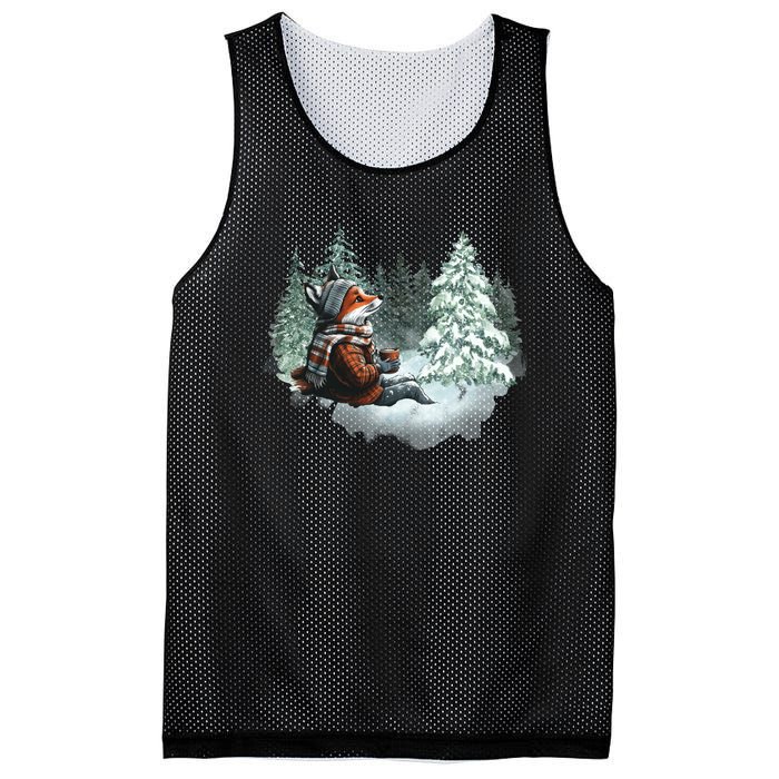 Fox Wearing Santa Hat Christmas Tree Festive Scene Mesh Reversible Basketball Jersey Tank