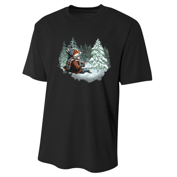 Fox Wearing Santa Hat Christmas Tree Festive Scene Performance Sprint T-Shirt