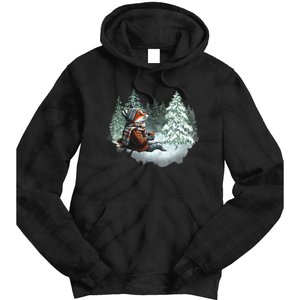 Fox Wearing Santa Hat Christmas Tree Festive Scene Tie Dye Hoodie