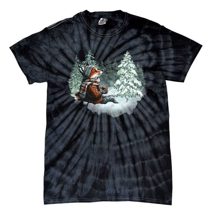 Fox Wearing Santa Hat Christmas Tree Festive Scene Tie-Dye T-Shirt