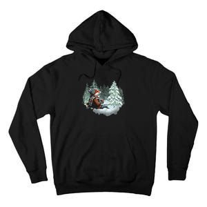 Fox Wearing Santa Hat Christmas Tree Festive Scene Tall Hoodie