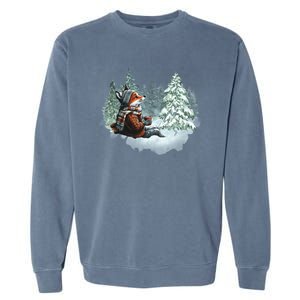 Fox Wearing Santa Hat Christmas Tree Festive Scene Garment-Dyed Sweatshirt