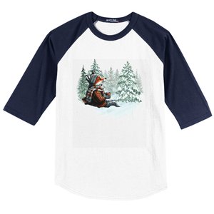 Fox Wearing Santa Hat Christmas Tree Festive Scene Baseball Sleeve Shirt