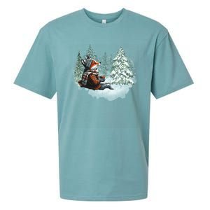 Fox Wearing Santa Hat Christmas Tree Festive Scene Sueded Cloud Jersey T-Shirt