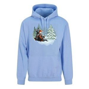 Fox Wearing Santa Hat Christmas Tree Festive Scene Unisex Surf Hoodie