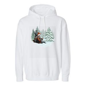 Fox Wearing Santa Hat Christmas Tree Festive Scene Garment-Dyed Fleece Hoodie