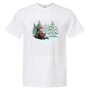 Fox Wearing Santa Hat Christmas Tree Festive Scene Garment-Dyed Heavyweight T-Shirt