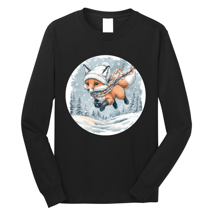 Fox Wearing Santa Hat Christmas Tree Festive Scene Long Sleeve Shirt