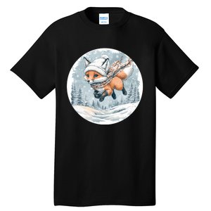 Fox Wearing Santa Hat Christmas Tree Festive Scene Tall T-Shirt