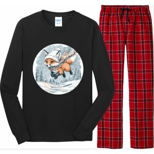 Fox Wearing Santa Hat Christmas Tree Festive Scene Long Sleeve Pajama Set