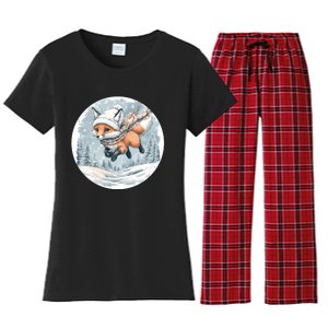 Fox Wearing Santa Hat Christmas Tree Festive Scene Women's Flannel Pajama Set