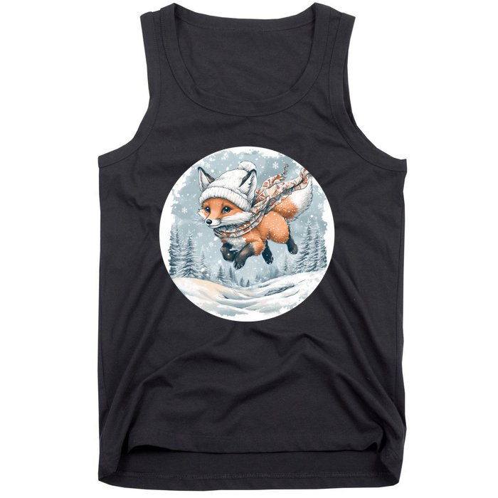 Fox Wearing Santa Hat Christmas Tree Festive Scene Tank Top