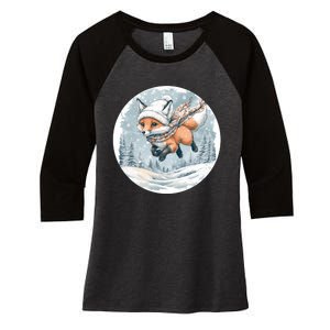 Fox Wearing Santa Hat Christmas Tree Festive Scene Women's Tri-Blend 3/4-Sleeve Raglan Shirt