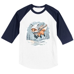 Fox Wearing Santa Hat Christmas Tree Festive Scene Baseball Sleeve Shirt