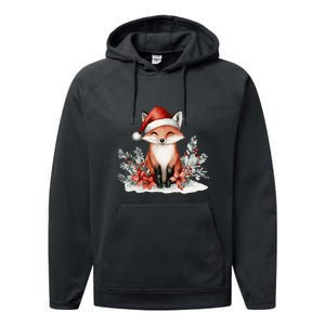 Fox Wearing Santa Hat Christmas Tree Festive Scene Performance Fleece Hoodie