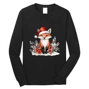 Fox Wearing Santa Hat Christmas Tree Festive Scene Long Sleeve Shirt