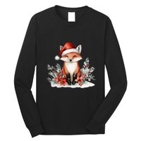 Fox Wearing Santa Hat Christmas Tree Festive Scene Long Sleeve Shirt