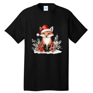 Fox Wearing Santa Hat Christmas Tree Festive Scene Tall T-Shirt