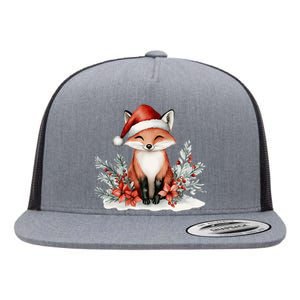 Fox Wearing Santa Hat Christmas Tree Festive Scene Flat Bill Trucker Hat