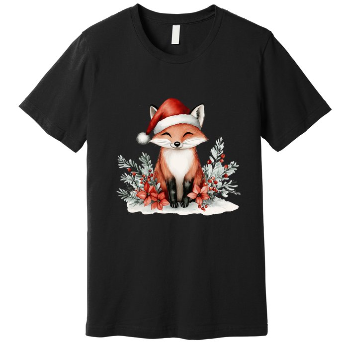 Fox Wearing Santa Hat Christmas Tree Festive Scene Premium T-Shirt