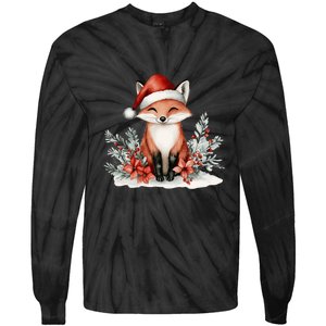 Fox Wearing Santa Hat Christmas Tree Festive Scene Tie-Dye Long Sleeve Shirt