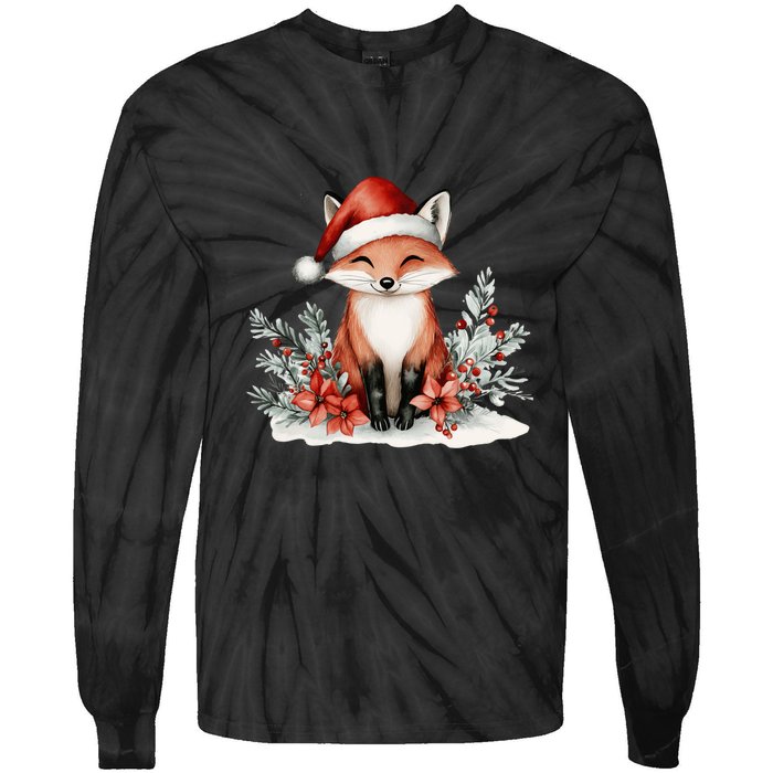 Fox Wearing Santa Hat Christmas Tree Festive Scene Tie-Dye Long Sleeve Shirt