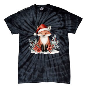 Fox Wearing Santa Hat Christmas Tree Festive Scene Tie-Dye T-Shirt