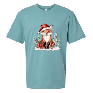 Fox Wearing Santa Hat Christmas Tree Festive Scene Sueded Cloud Jersey T-Shirt