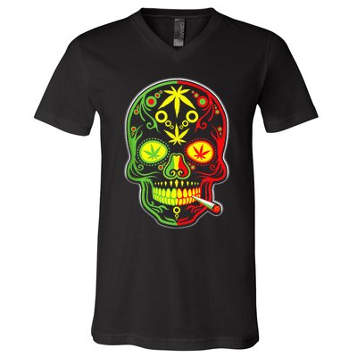 Funny Weed Sugar Skull 420 Marijuana Cannabis Cinco De Mayo V-Neck T-Shirt