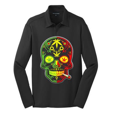 Funny Weed Sugar Skull 420 Marijuana Cannabis Cinco De Mayo Silk Touch Performance Long Sleeve Polo