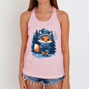 Fox Wearing Santa Hat Christmas Tree Festive Scene Gift Women's Knotted Racerback Tank