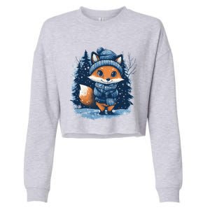 Fox Wearing Santa Hat Christmas Tree Festive Scene Gift Cropped Pullover Crew