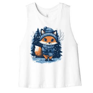 Fox Wearing Santa Hat Christmas Tree Festive Scene Gift Women's Racerback Cropped Tank