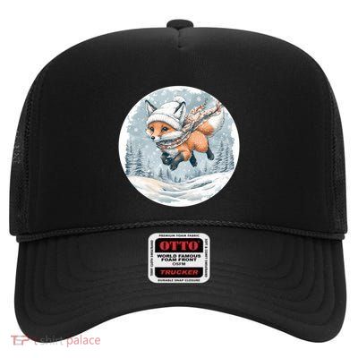 Fox Wearing Santa Hat Christmas Tree Festive Scene Gift High Crown Mesh Back Trucker Hat