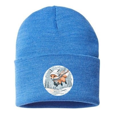 Fox Wearing Santa Hat Christmas Tree Festive Scene Gift Sustainable Knit Beanie