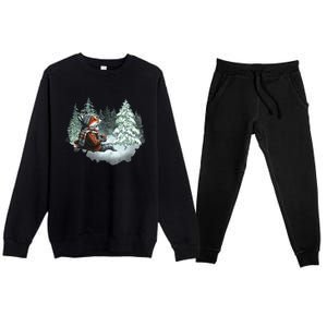 Fox Wearing Santa Hat Christmas Tree Festive Scene Gift Premium Crewneck Sweatsuit Set