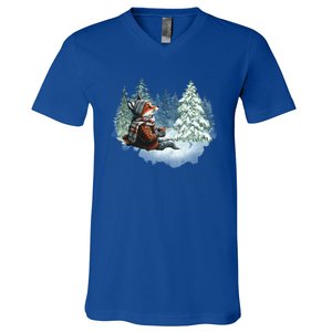 Fox Wearing Santa Hat Christmas Tree Festive Scene Gift V-Neck T-Shirt