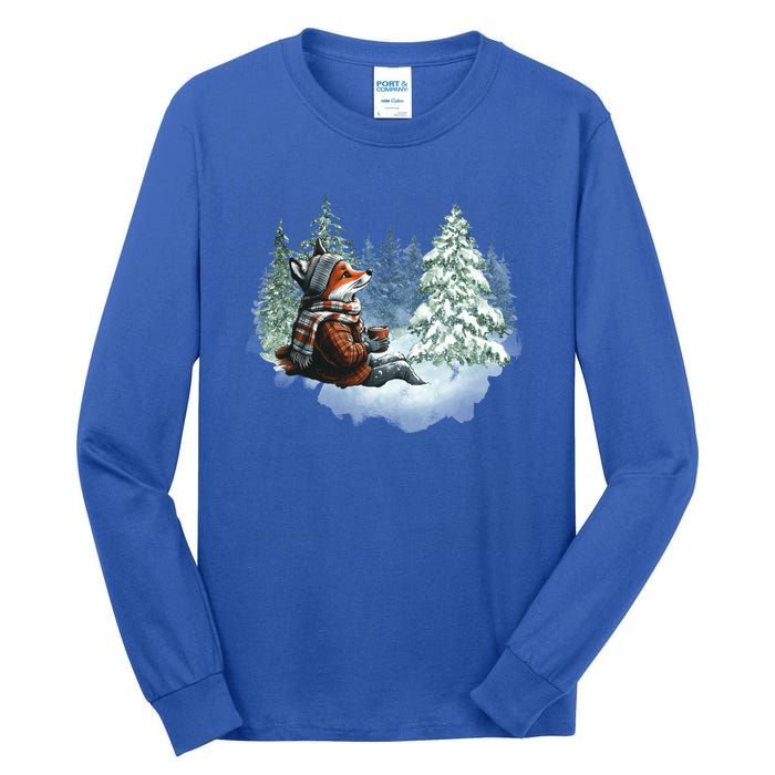 Fox Wearing Santa Hat Christmas Tree Festive Scene Gift Tall Long Sleeve T-Shirt