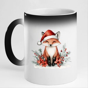 Fox Wearing Santa Hat Christmas Tree Festive Scene Cute Gift 11oz Black Color Changing Mug